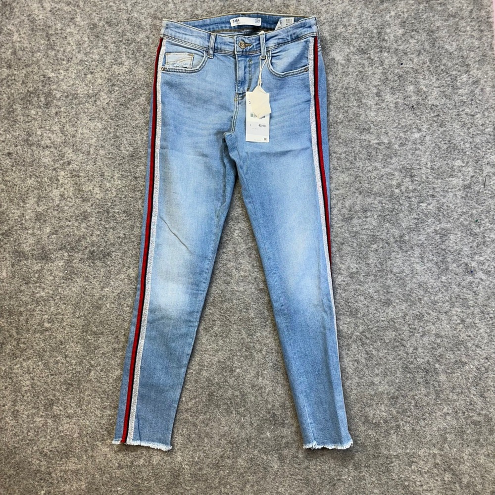 Zara Z1975 Skinny Jeans Womens 4 Light Blue NWT Side Stripe Raw Hem